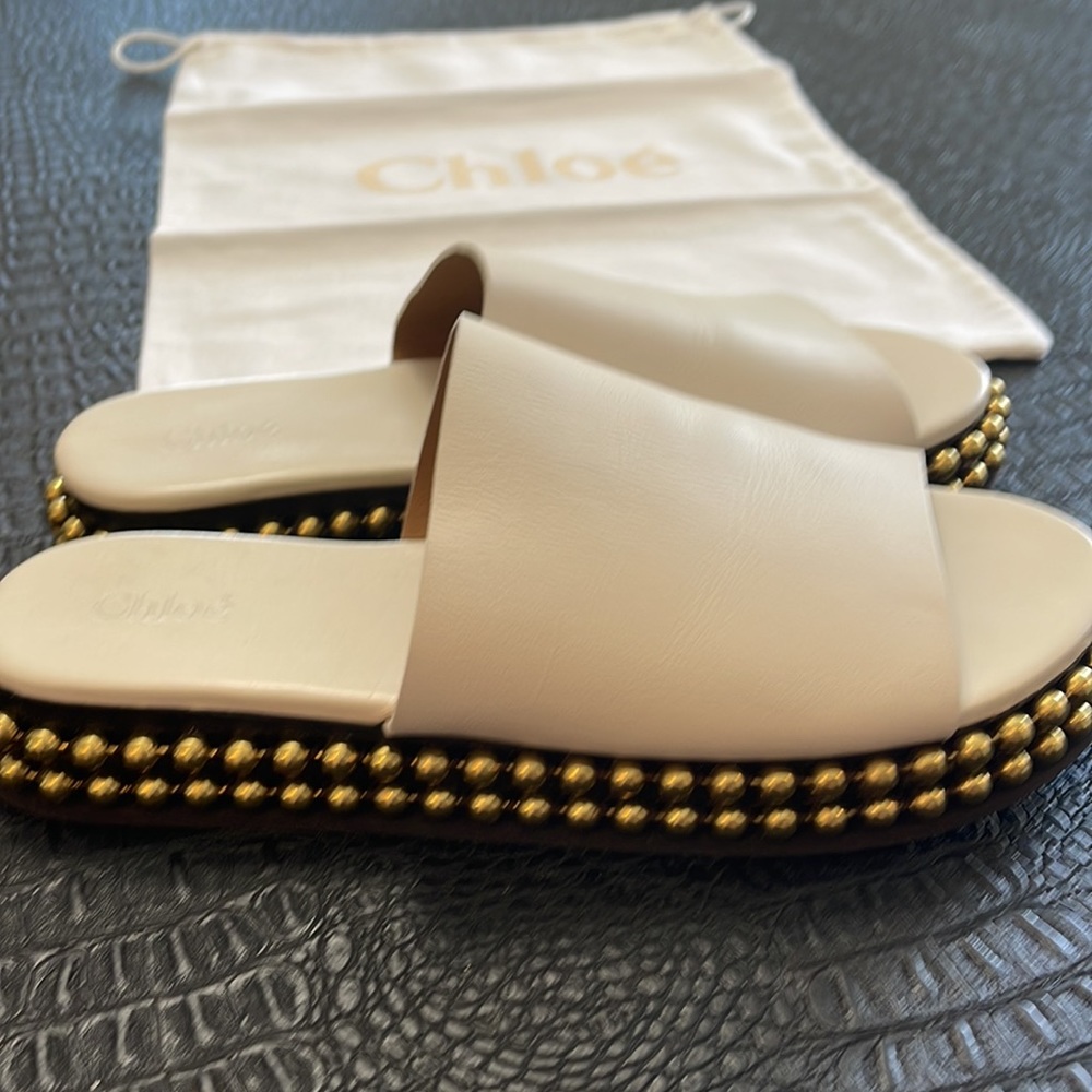 Chloé Sawyer Slides Leather Studded Accent Wedge Heels with Platform Size 39 1/2